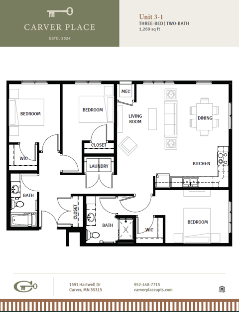 Floor plan for 3 beds, 2 baths, 1189 sqft